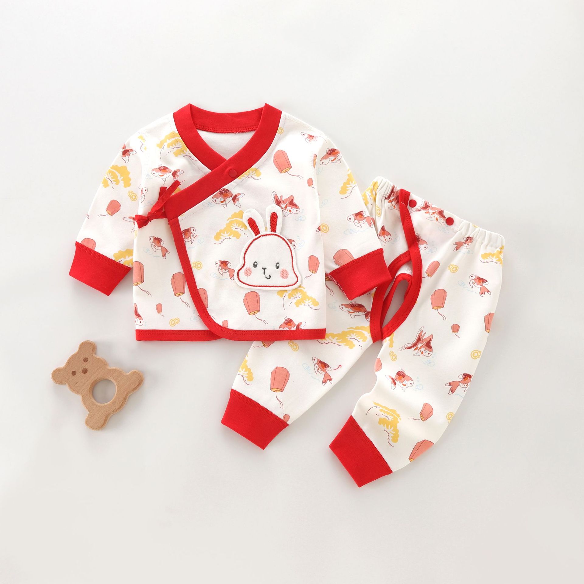 婴儿内衣套装春秋纯棉兔宝宝和尚服喜庆满月服过年服两件套0-6月