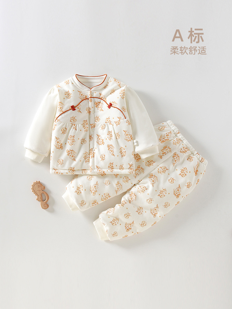 婴儿夹棉套装冬装两件套a类女宝宝衣服分体加厚纯棉衣秋冬家居服
