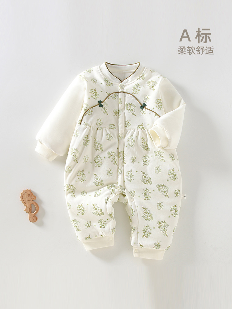 女宝宝连体衣秋冬季中国风长袖哈衣国潮幼儿爬服周岁婴儿包屁衣服