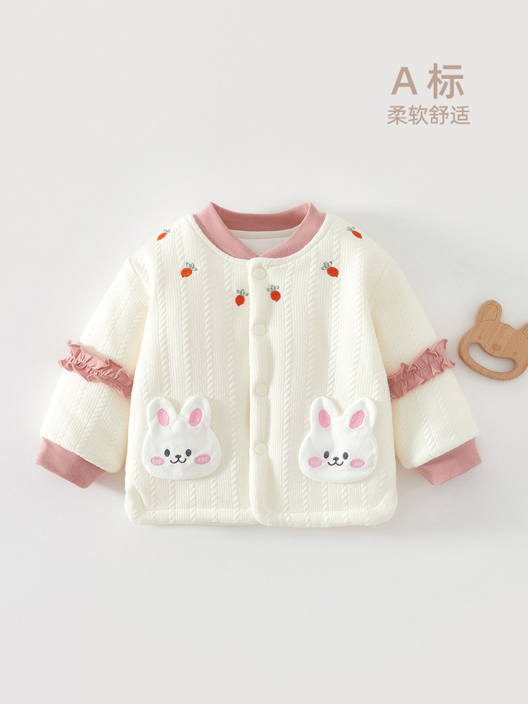 婴儿保暖上衣单件女宝宝秋冬夹棉上装厚棉家居服0-2岁棉袄120克