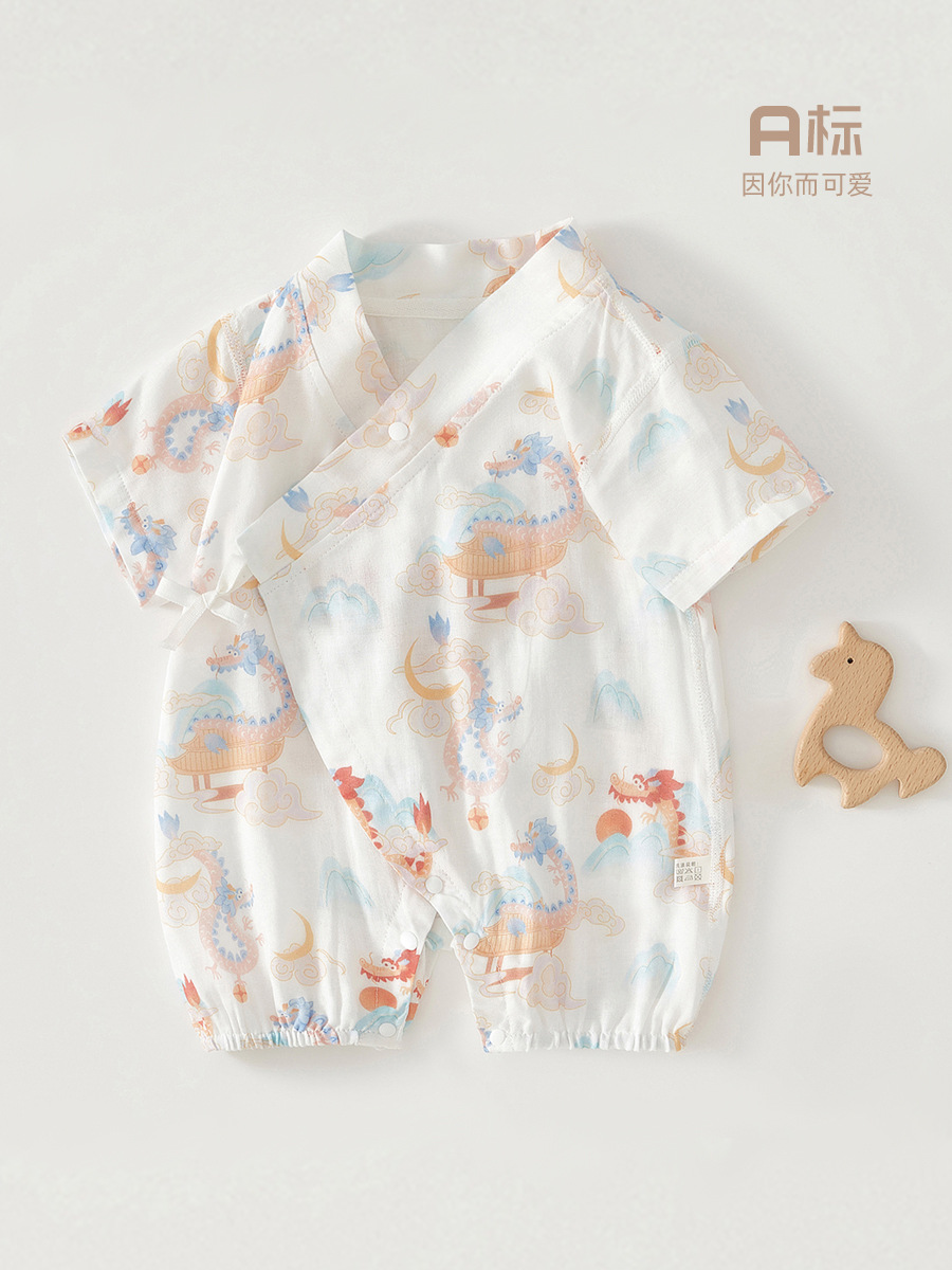 婴儿连体衣纱布夏季短袖和尚服新生儿包屁衣竹纤维宝宝哈衣外出服