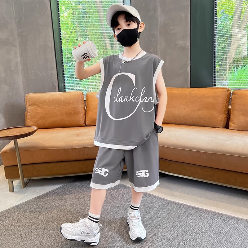 男童夏季无袖套装2024新款时尚儿童运动背心套装夏季潮童两件套帅