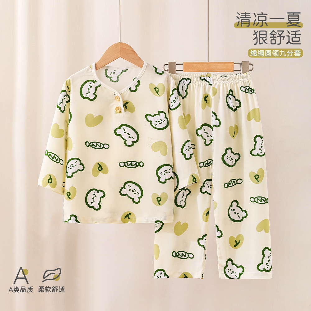 夏季绵绸睡衣儿童家居服套装薄款 中大童人造棉绸空调服童装批发