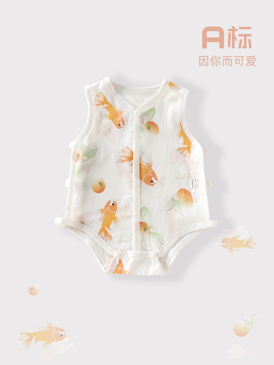 婴儿琵琶包屁衣夏季薄款竹棉纱布衣服宝宝无袖背心爬服婴儿连体衣