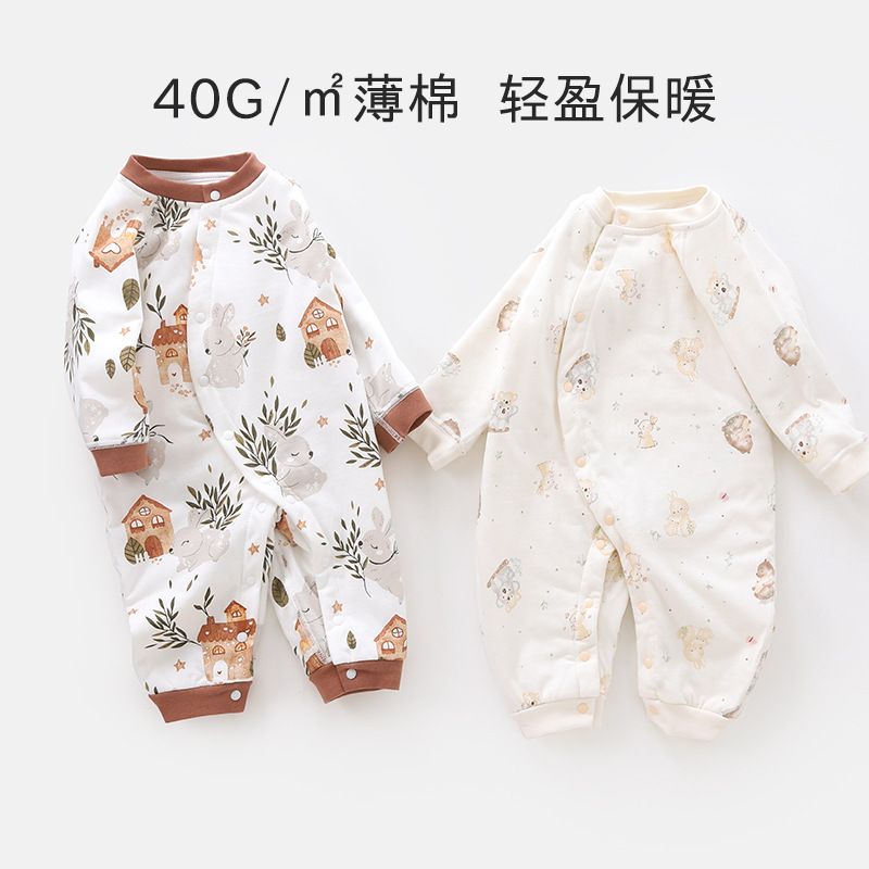 春款40克薄棉新生儿春秋薄棉连体衣哈衣宝宝纯棉保暖爬服 婴儿衣服