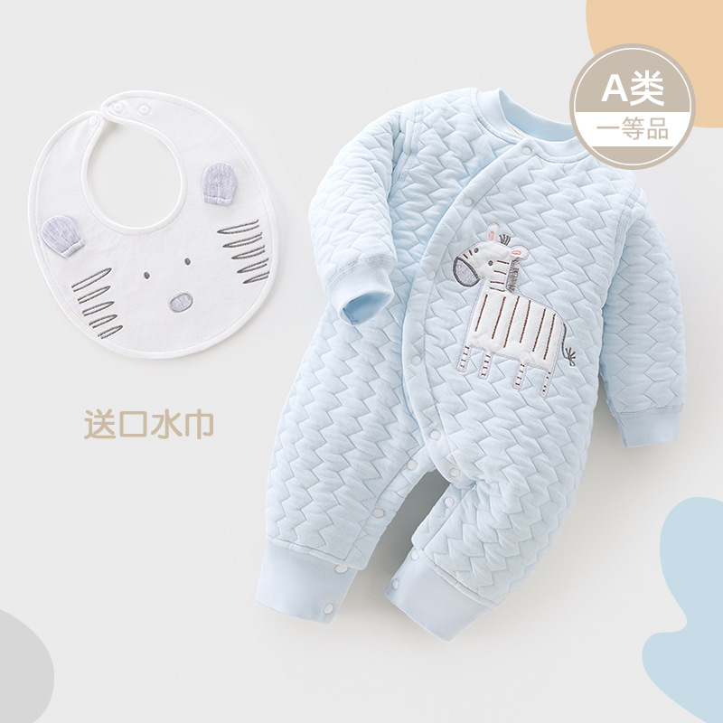 婴儿连体衣保暖宝宝哈衣长袖爬服新生儿无骨衣服可爱围嘴