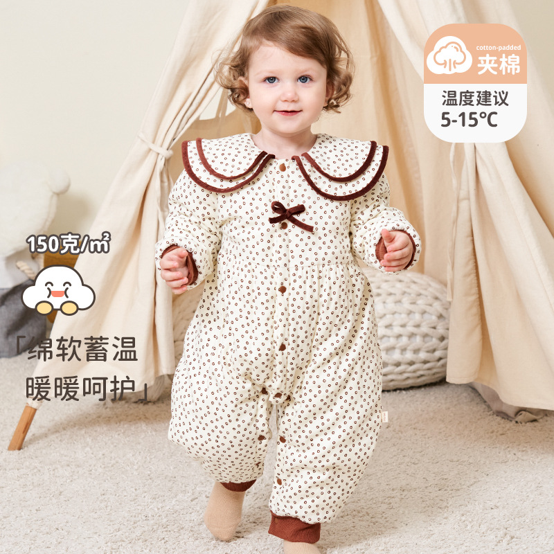 婴儿秋冬加厚连体衣新生儿棉衣外出服爬服女宝宝秋冬夹棉保暖哈衣