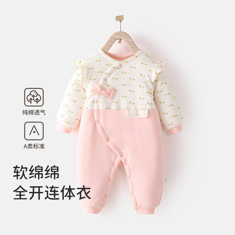 秋冬新款新生婴儿斜襟婴儿宝宝按扣夹棉加厚卡通连外出连体衣爬服
