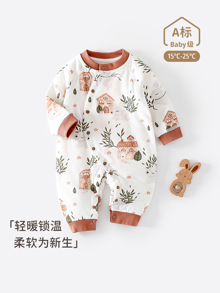 新生婴儿衣服秋冬季夹棉连体衣宝宝40克薄棉保暖哈衣纯棉 无骨爬服