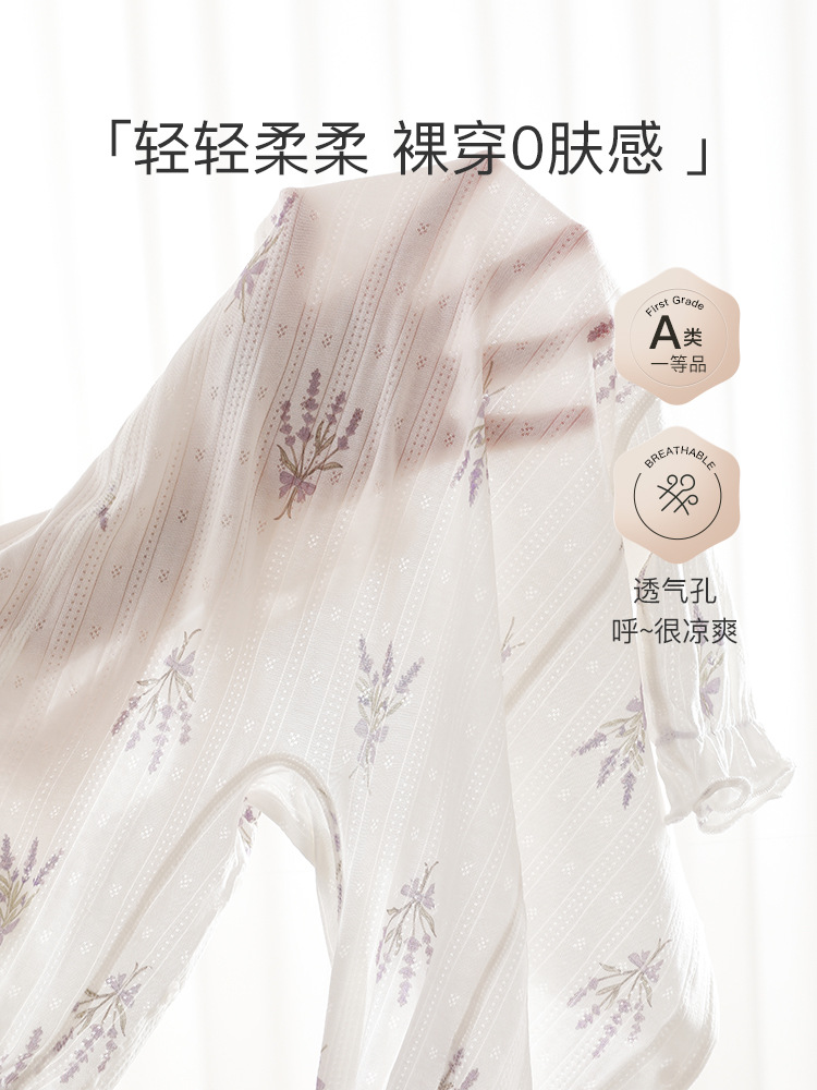 婴儿长袖连体衣夏季薄款女宝宝长袖空调服睡衣新生儿花边透气衣服