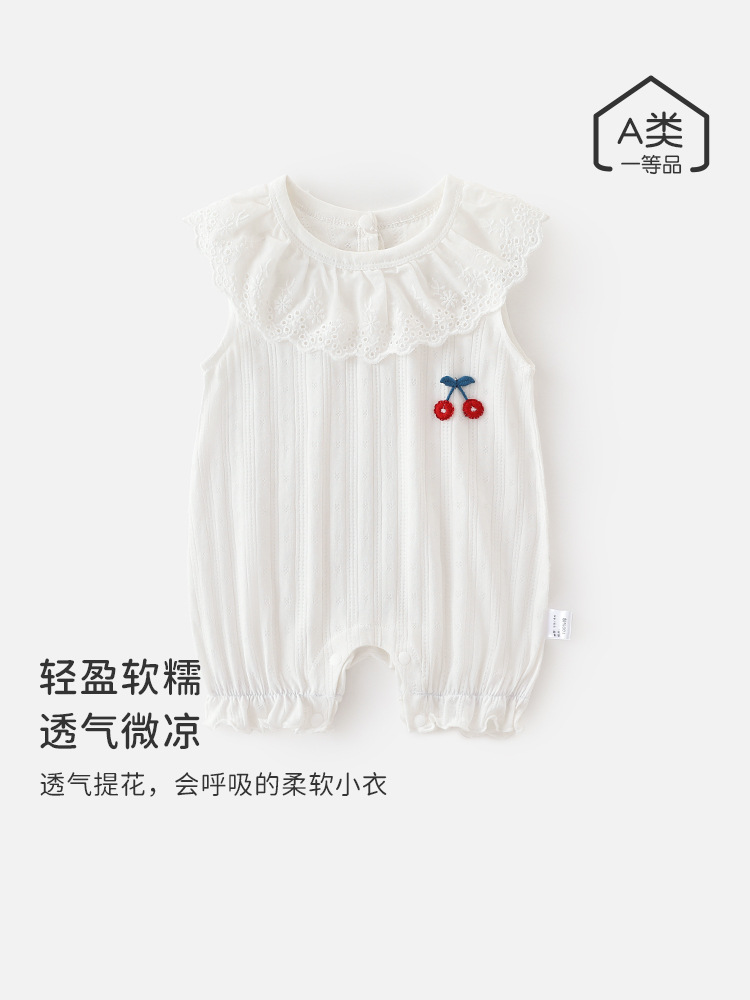 女宝宝新款夏季背心爬服婴儿花边无袖连体衣新生儿夏款透气家居服