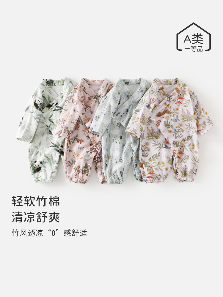 夏季婴幼儿长袖连体衣新生儿纱布薄款爬服宝宝和尚服长袖外出哈衣