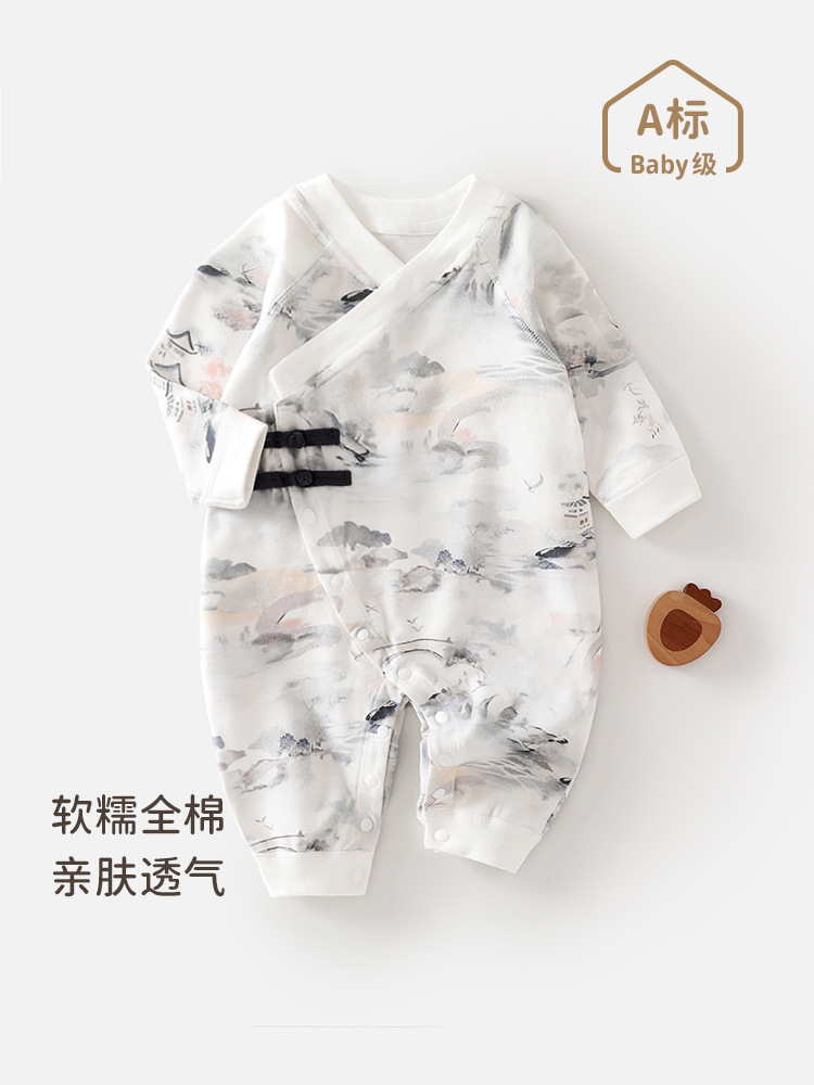 新生婴儿衣服连体衣四季款国风纯棉无骨衣服3-15月男宝宝哈衣爬服
