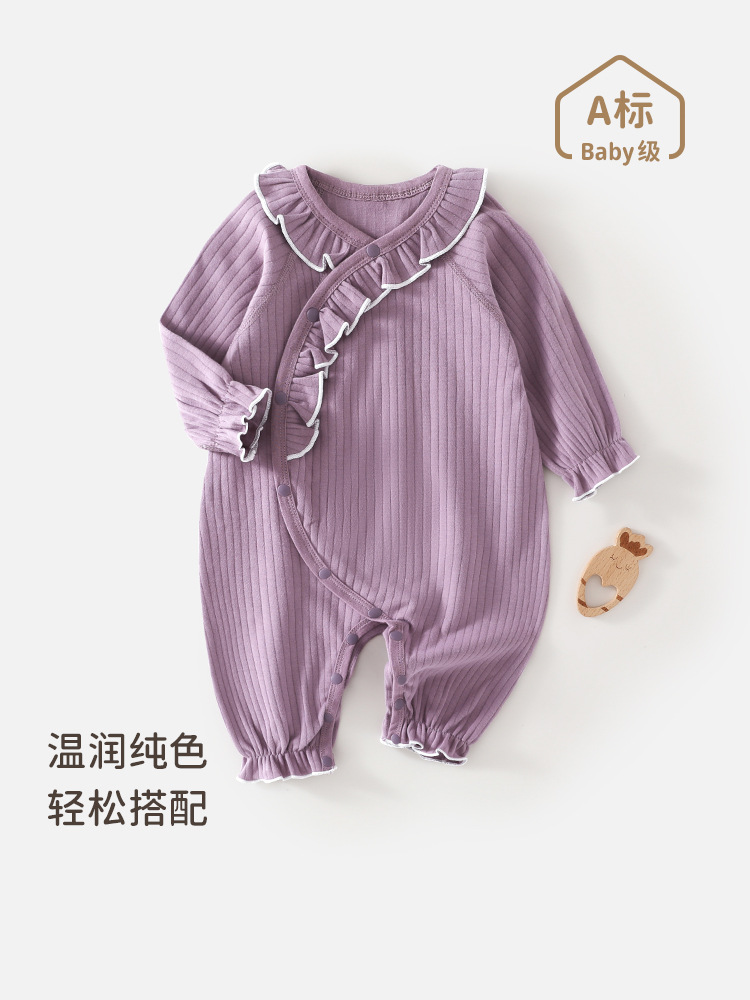 婴儿连体衣春秋款衣服花边领长袖纯棉新生婴幼儿女宝宝外出服春装