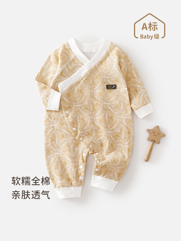 婴儿长袖连体衣宝宝百天服春秋季纯棉国风长袖和服新生儿连体衣