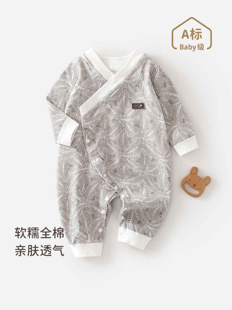新生婴儿长袖连体衣春秋季初生宝宝中国风和服纯棉满月春秋装哈衣