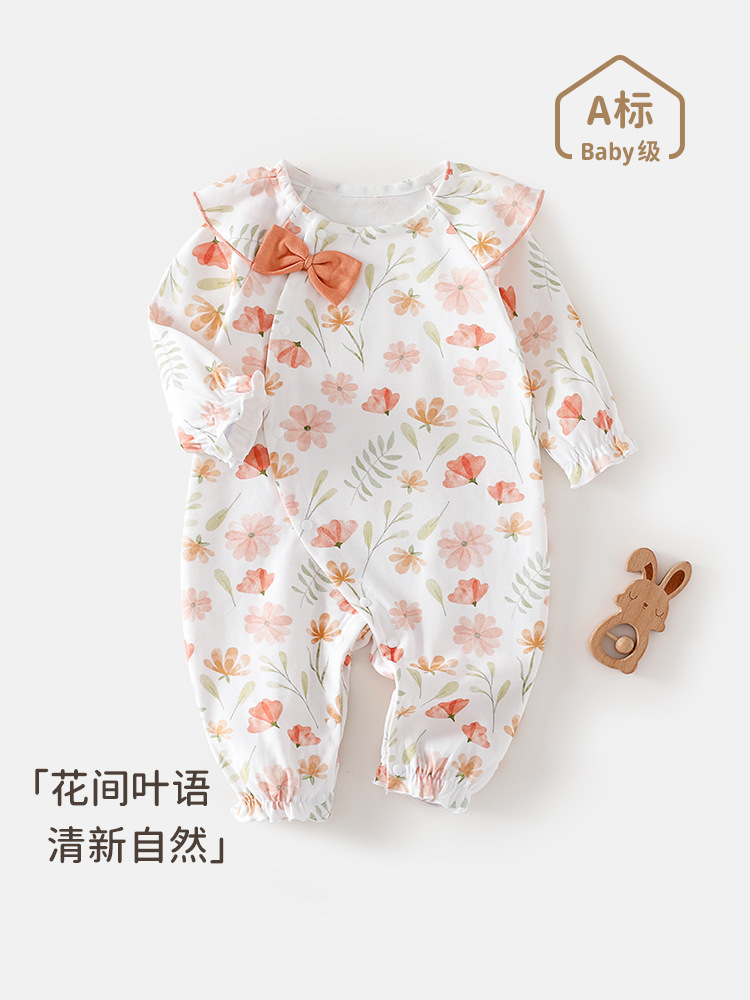 新生儿春秋款长袖连体衣初生婴儿纯棉衣服女宝宝秋季满月百天哈衣