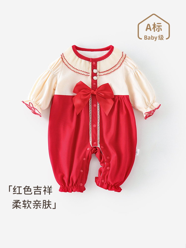 新生婴儿拜年服女宝宝满月百天周岁礼服秋冬双层红色连体衣