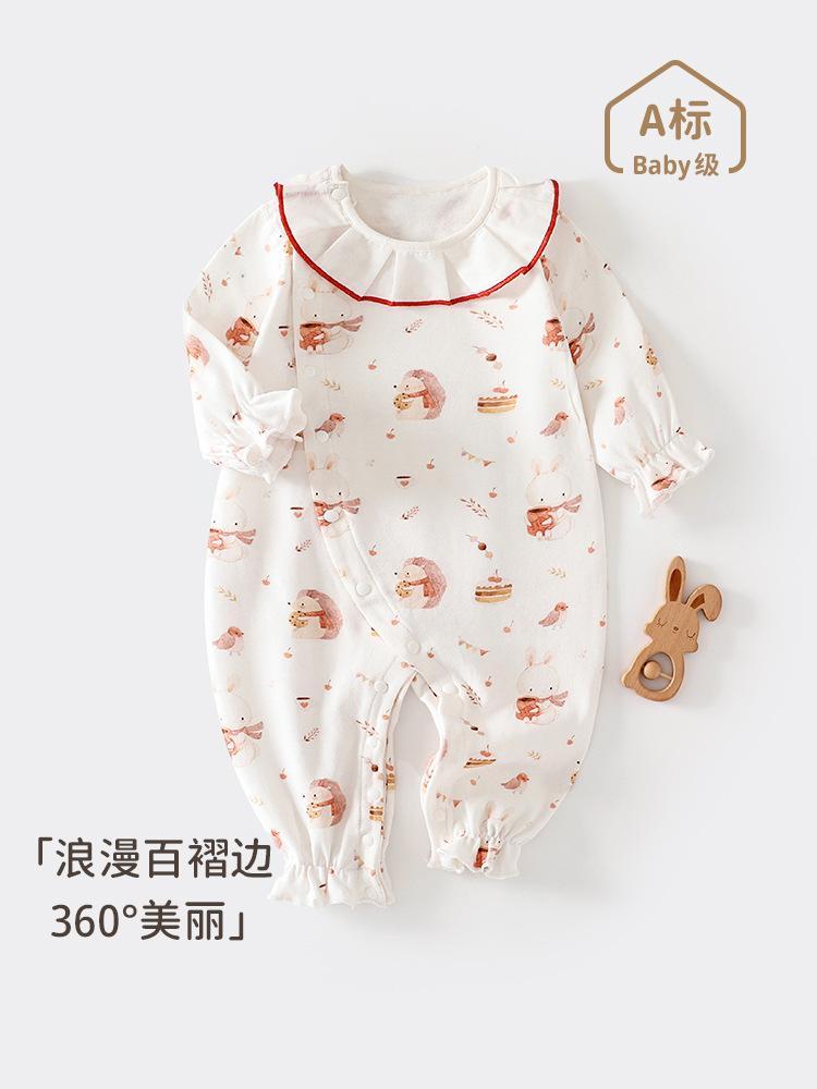 春秋婴儿长袖连体衣女宝宝洋气可爱风哈衣新生儿满月百天外出衣服