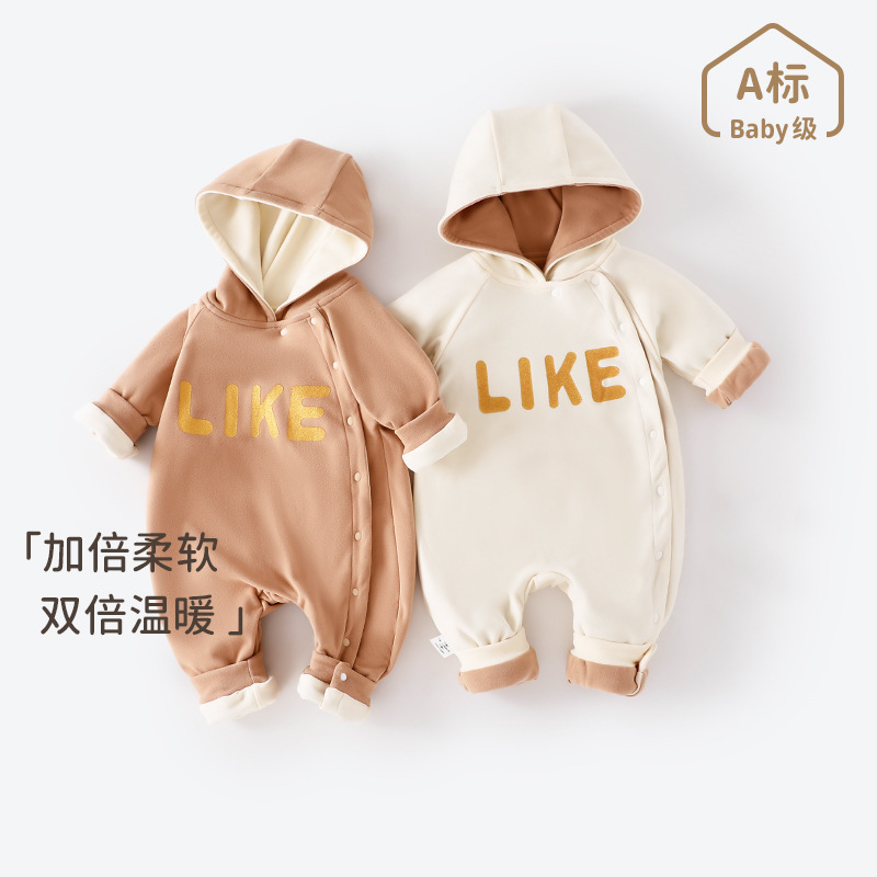 宝宝春秋长袖连帽外出服新生儿可爱洋气连体哈衣春秋满月外出衣服