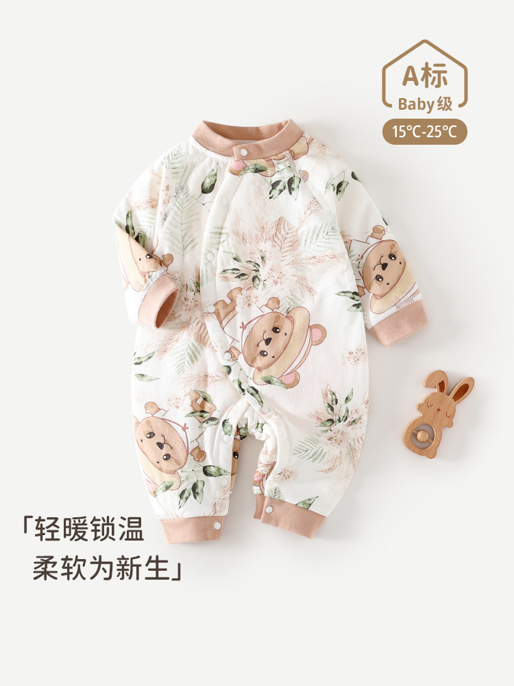 新生婴儿衣服秋冬季夹棉连体衣宝宝40克薄棉保暖哈衣纯棉无骨爬服