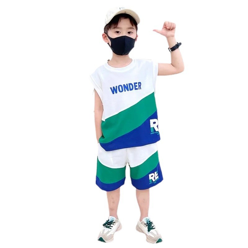夏季男童背心儿童套装洋气休闲薄款字母撞色时尚潮流帅气时髦夏装