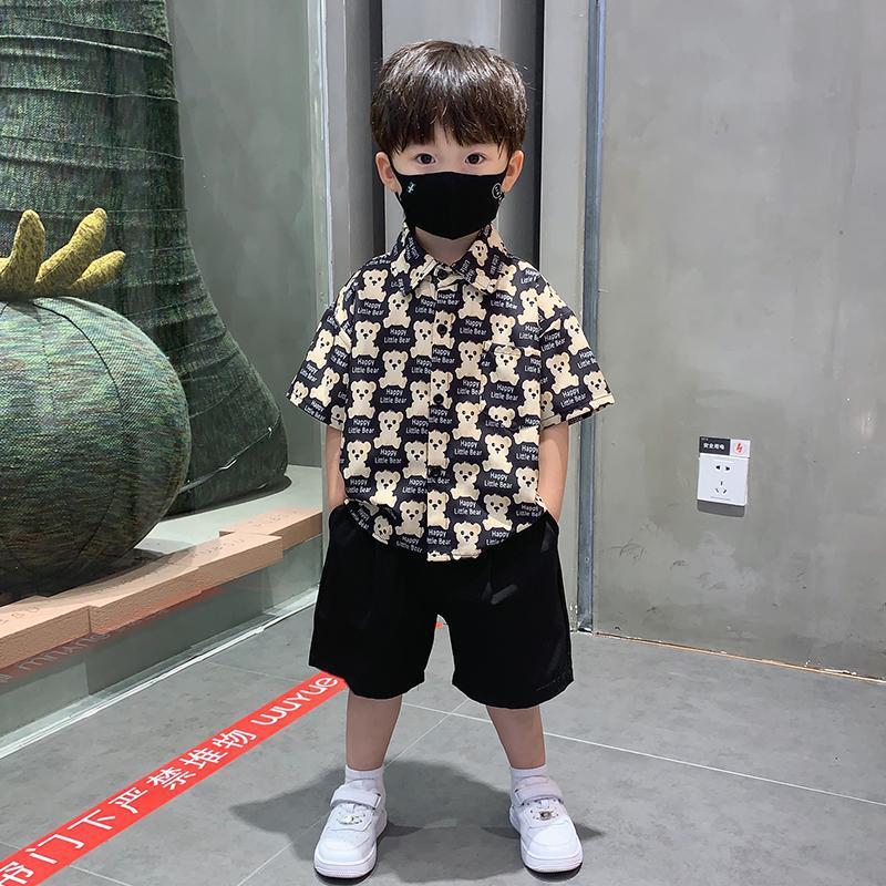男童夏季短袖小熊衬衫套装洋气2024新款儿童夏装炸街两件套衬衣潮