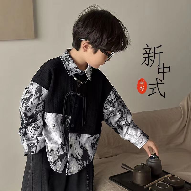 儿童宽松衬衫上衣童装春秋长袖男童韩版洋气休闲男孩中大童假两件