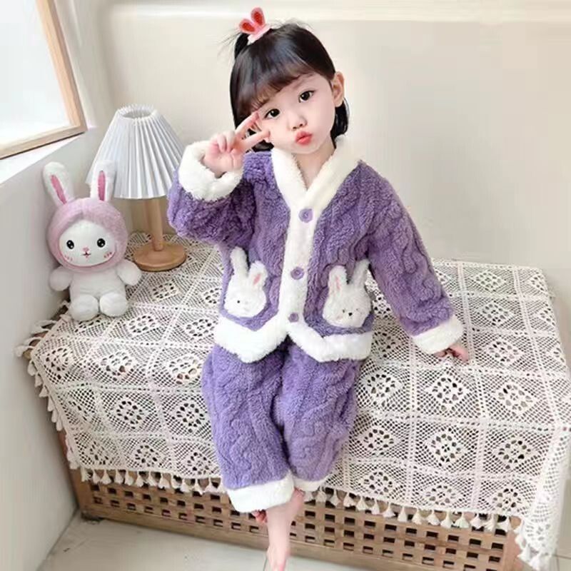儿童珊瑚绒睡衣秋冬季男女童两件套加绒加厚保暖家居服外套洋气潮