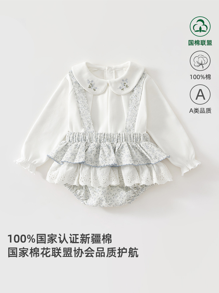 韩版ins风女宝纯棉碎花翻领a类婴儿连体衣可爱长袖花苞裙衣服套装