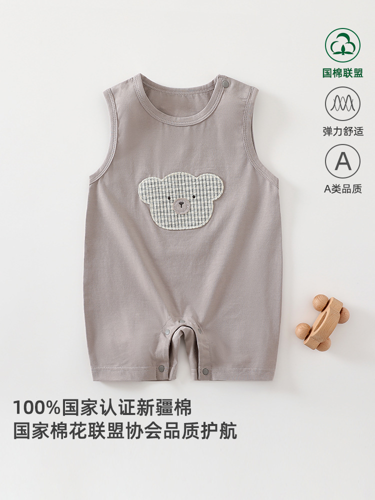 2025新款婴儿衣服夏季无袖小熊连体衣男童女童薄款爬爬服宝宝童装