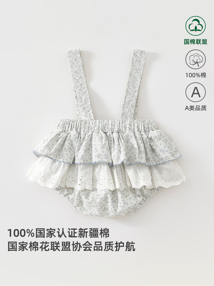 2025新款韩版0-1岁四季款a类纯棉宝宝碎花可爱花苞裤新生儿背带裤