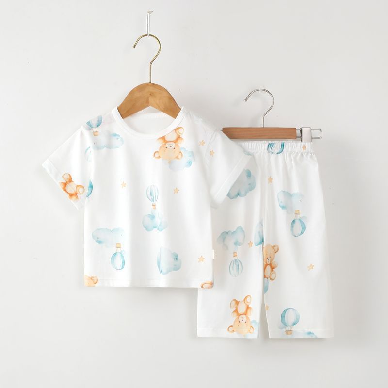 儿童夏季纯棉薄款家居服男宝短袖套装女童空调服婴幼儿长裤睡衣套装