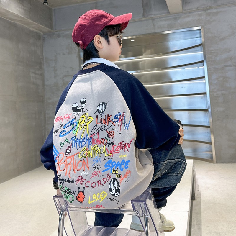 2024春秋男童拼色印花涂鸦卫衣休闲插肩袖韩范宽松洋气中大童炸街