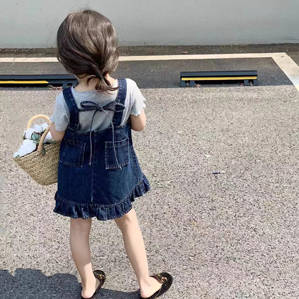 女童韩版套装2024夏季新款小女孩牛仔背带裙宝宝短袖上衣两件套潮