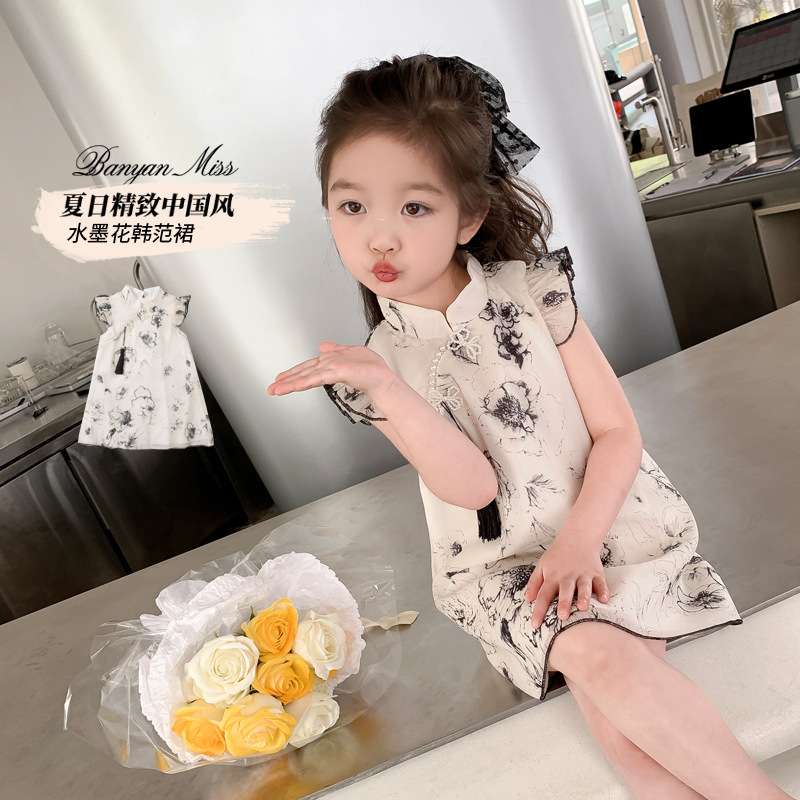 女童旗袍连衣裙夏装新中式国风水墨画儿童公主裙小女孩女宝宝纱裙