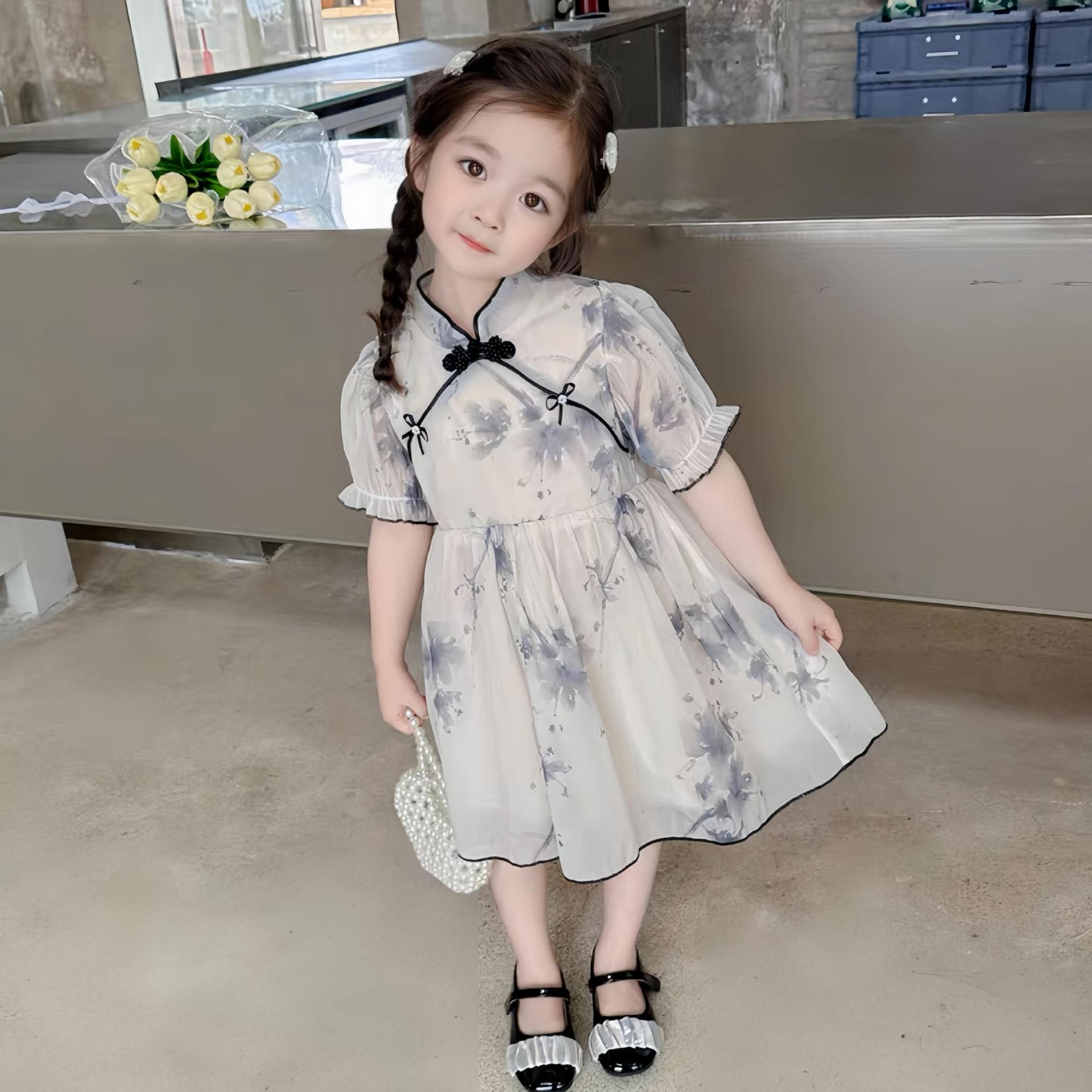 女童连衣裙2024新款套装洋气古风汉服宝宝夏季水墨画唐装两件套