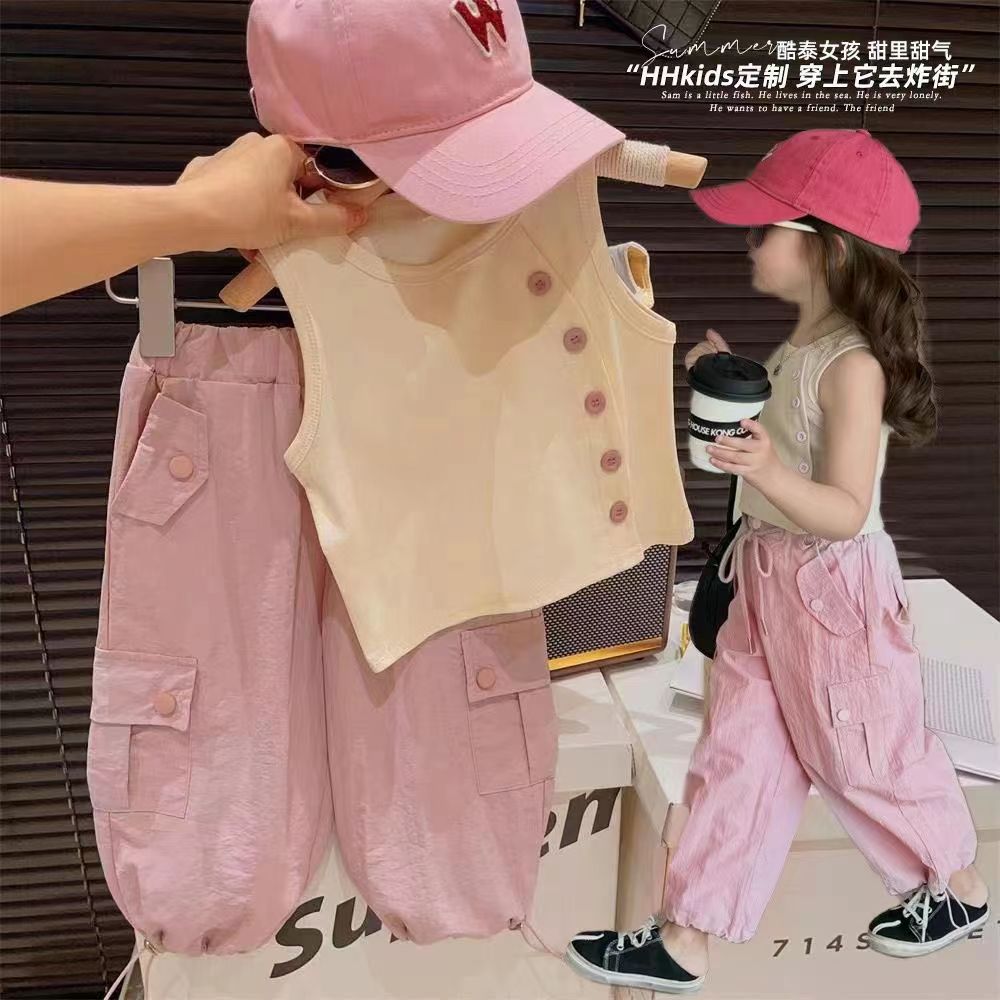 女童套装2025夏季新款女孩洋气时髦设计感背心上衣工装裤PY-2572