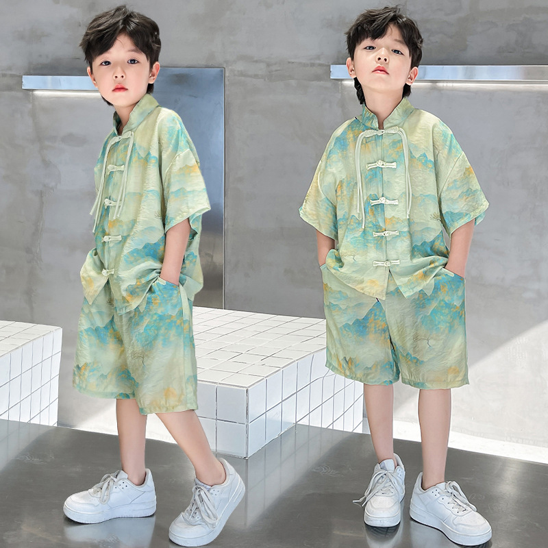 男童夏季汉服2025款儿童休闲中大童盘扣国风唐装两件套PY-2567