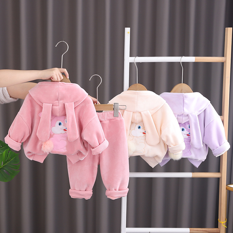 女童秋冬套装2025新款女宝宝冬季加绒套棉袄棉裤两件套卡通外套潮