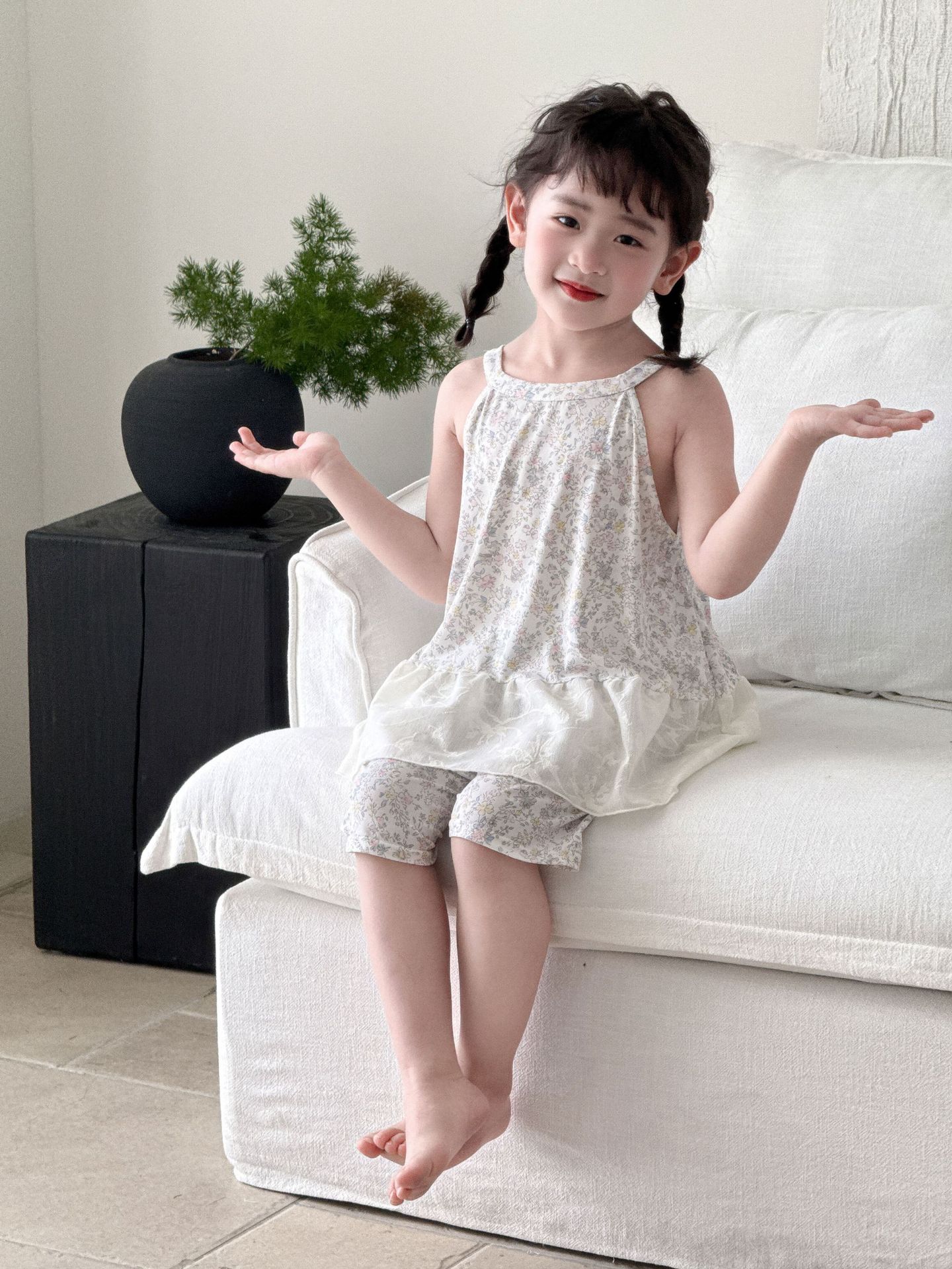 莫代尔睡衣女童夏薄款吊带睡衣森系碎花上衣阔腿裤套装无袖碎花