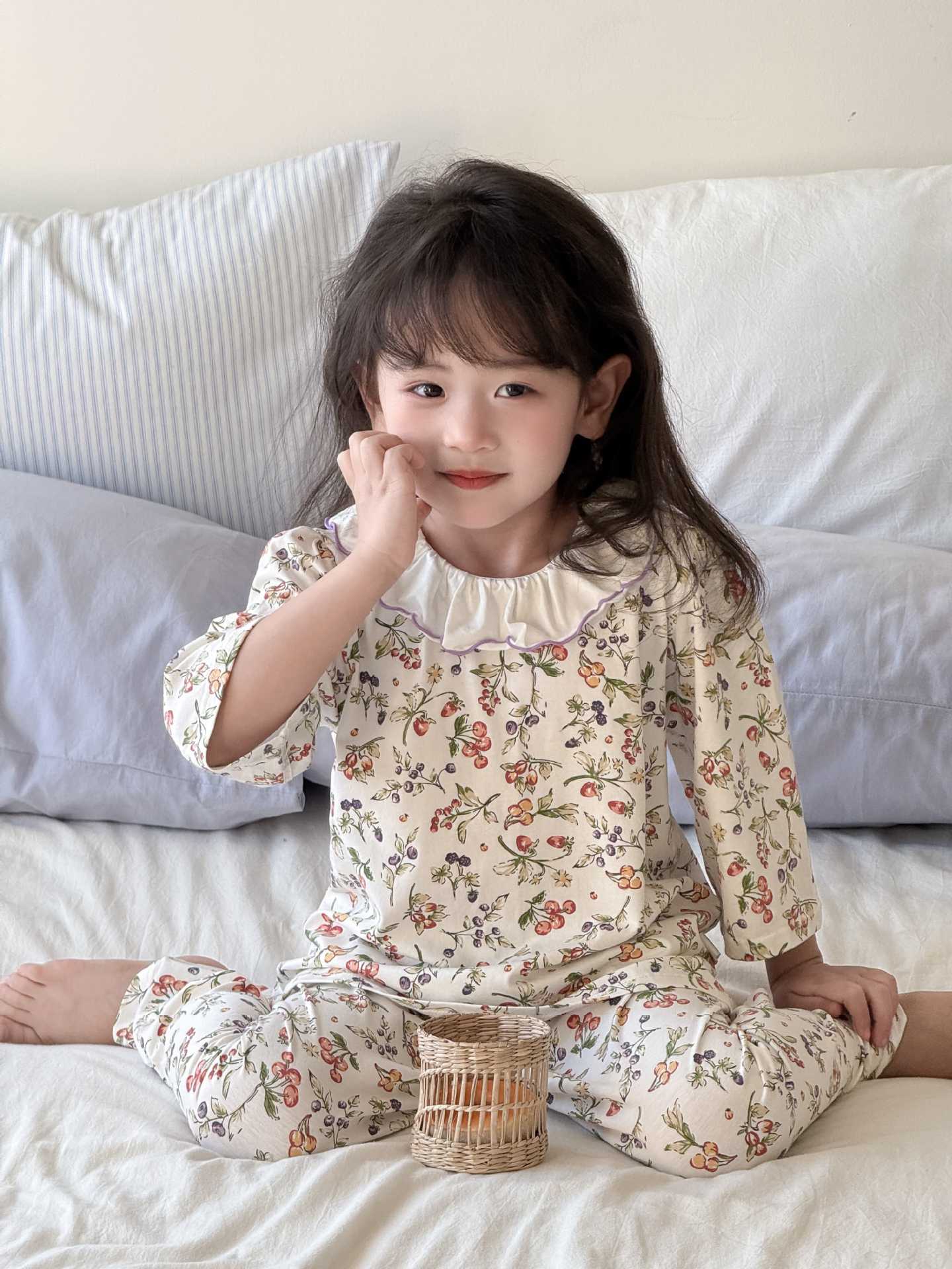 睡衣女童宝宝家居服花边荷叶领甜美小碎花家居服女童装夏分体套装