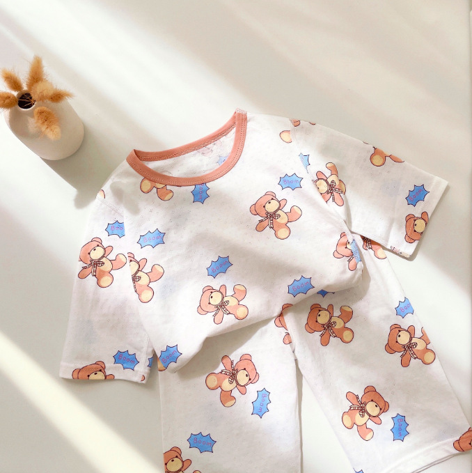 儿童睡衣定制儿童夏季空调服a类女童白底印花卡通宝宝睡衣a类透气