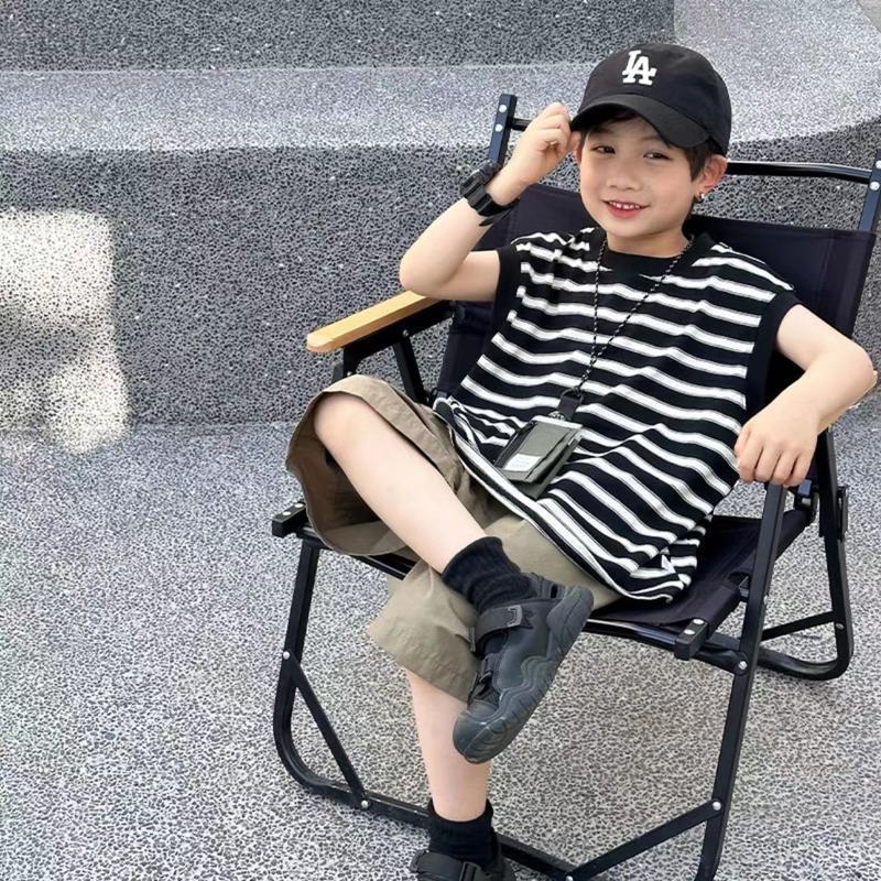 儿童背心套装男童背心2024夏季条纹无袖男童工装短裤中大童韩版潮