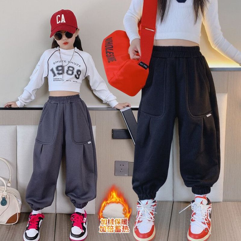 女童秋冬加绒加厚卫裤2022新款韩版中大童设计感束脚裤冬季宽松