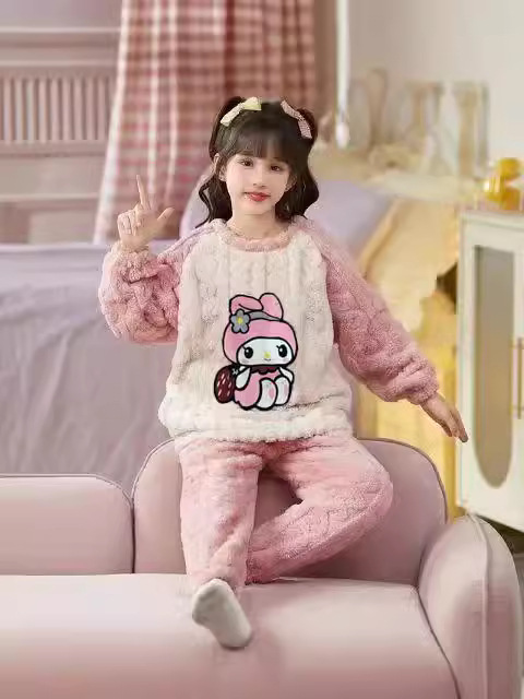 秋冬法兰绒女宝宝洋气法兰绒女孩可爱家居服套装库洛米睡衣珊瑚绒