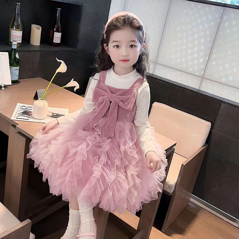 女童连衣裙2024秋季新款高级洋气蝴蝶结公主裙小女孩甜美两件套装