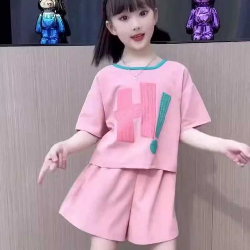 新款儿童休闲套装洋气两件套套装夏季女童套装女宝宝圆领短袖短裤