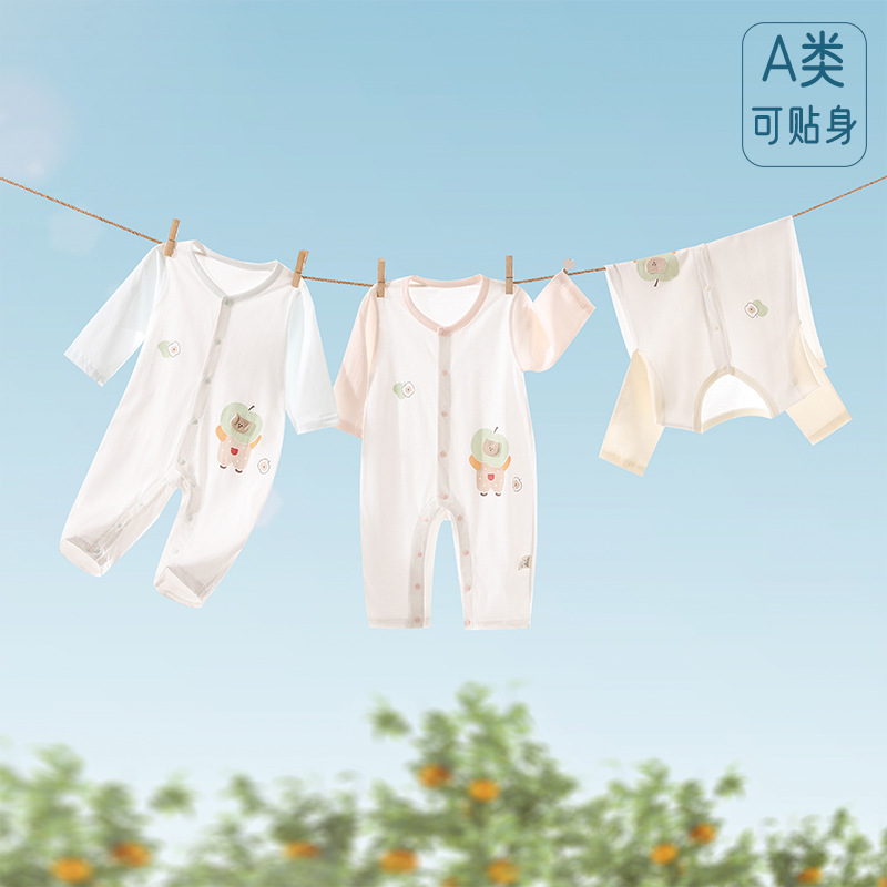婴儿夏季冰瓷棉超薄连体衣长袖纯棉衣服卡通服装男女宝宝哈衣爬服