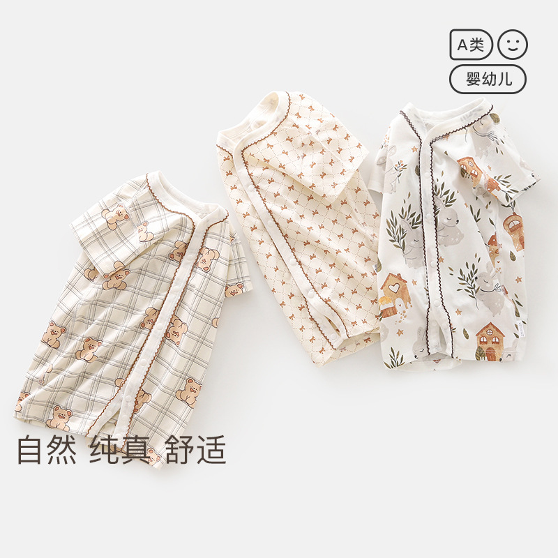 婴儿短袖连体衣服夏天棉质夏装薄款空调睡衣夏季男女新生宝宝哈衣